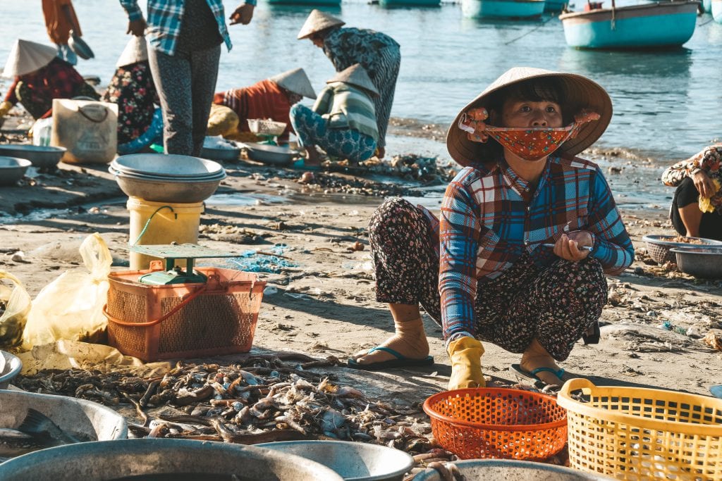 Vietnamese vrouw vismarkt.